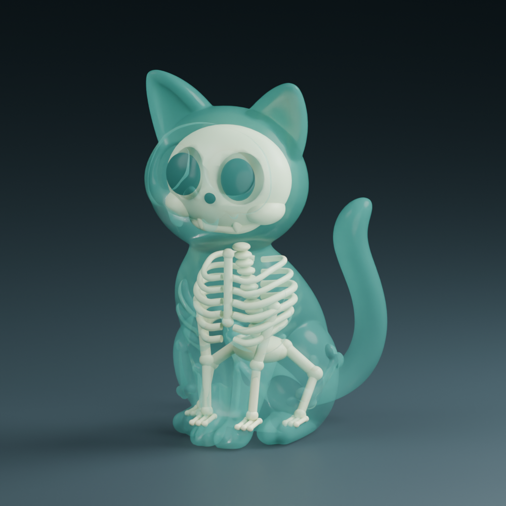 Translucent aqua cat with a stylized ivory skeleton