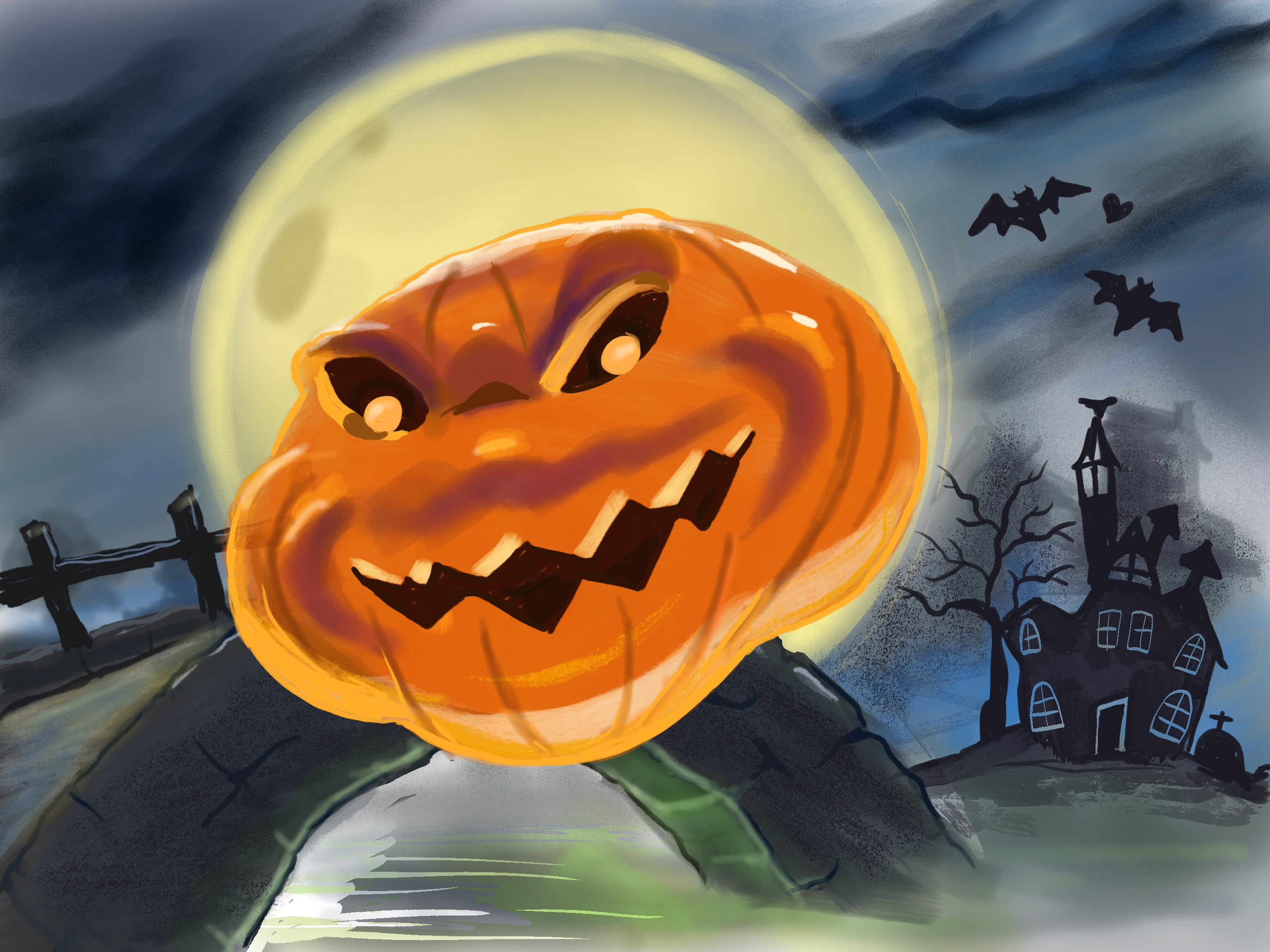 Grinning orange pumpkin above a stone bridge against a full moon and haunted house